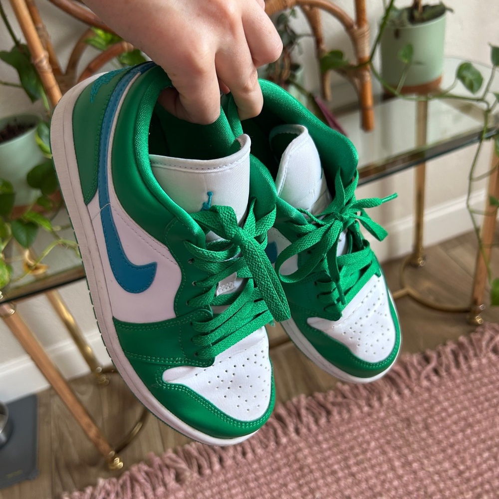 Green blue and white air Jordan Nikes sneakers